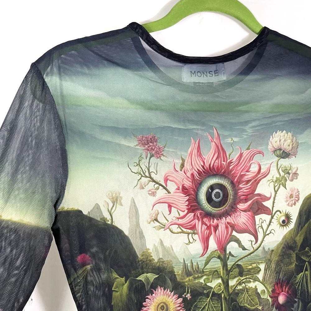 Monse Rose‎ Printed Mesh Top Long Sleeve Mesh Surrealist Sheer Long Sleeve Sz L - Picture 12 of 16